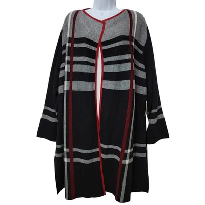 KASPER Open Front Longline Cardigan Sweater Women's Plus 3X Jacquard Black Red - Image 1 of 4