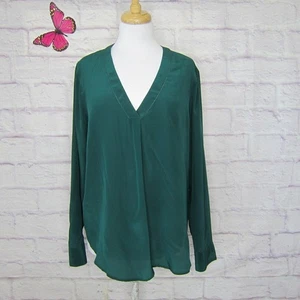 J Crew Drapey V Neck 100% Silk Long Sleeve Blouse Size 14 Emerald Green - Picture 1 of 8
