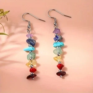 Multi Natural Raw GemStone Drop Earrings Crystal Dangle Amethyst Quartz Onyx - Picture 1 of 4