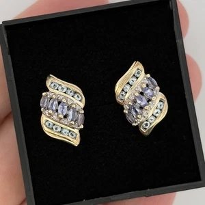 9ct Yellow Gold Tanzanite Topaz & Diamond Cluster Stud Earrings Hallmarked - Picture 1 of 7
