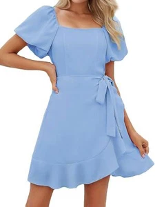 Women's Puff Sleeve Square Neck Tie Waist Short Dress NEW - Picture 1 of 14