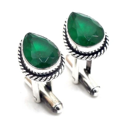 925 Sterling Silver Green Emerald Gemstone Handmade Jewellery Cufflinks Size-1" Foto 1 de 4