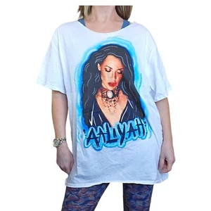 Aaliyah Womens 1X White Tshirt Blue Airbrush Style Hip Hop Memorial R&B Rap - Picture 1 of 8