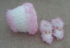 hand knitted baby girls bonnet and bootee set 0 /3 months white