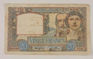1941 France 20 Francs Note // "Science et Travail" Fine Condition // P#92b - Picture 1 of 3