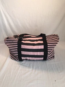 Victoria Secret Striped Weekender Tote Bag Pink/Black - Picture 1 of 12