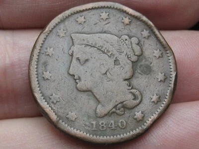 1840 Braided Hair Large Cent Penny, Small Date, VG/Fine Details - Image 1 of 4