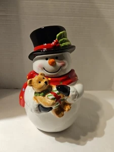 Sleigh Bell Bistro Cookie Jar, Snowman with Teddy Bear 9" Christmas, holiday - Picture 1 of 8