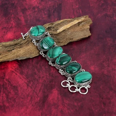 Brazalete de plata de ley 925 con piedras preciosas de malaquita natural joyería regalo Foto 1 de 4