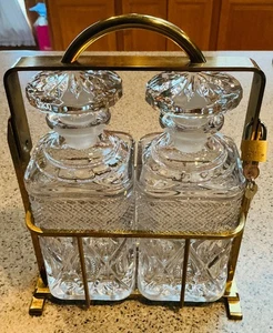 Antique Crystal Liquor Decanter Bar w/Lock & Key 2 Bottles Brass Caddy Carrier - Picture 1 of 4
