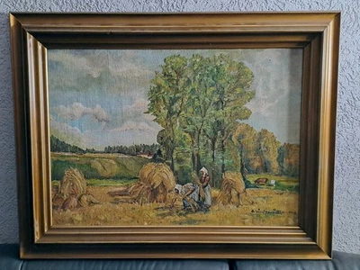 Altes Gemälde Öl auf Leinwand bäuerliches Motiv Kornernte signiert 1947 - Bild 1 von 4