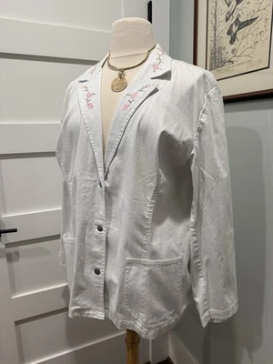 Denim & Co. Women's White Floral Embroidered Denim Blazer Jacket Sz. 2X  - Image 1 of 4