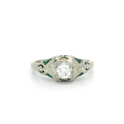 Antique Art Deco 18k White Gold Diamond & Green Stone Filigree Open Work Ring - Image 1 of 4