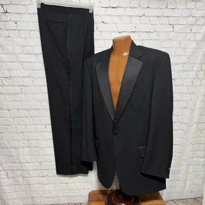 Jos A Bank 1 Button Tuxedo Black 43L Jacket 35L Pleated Pants 100% Wool Formal - Image 1 of 4