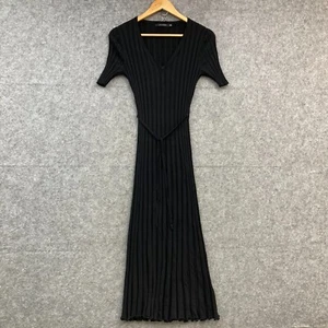 Portmans Dress Womens XS Black Ribbed Knit Midi Bodycon Short Sleeve Belt 46213 - Picture 1 of 9