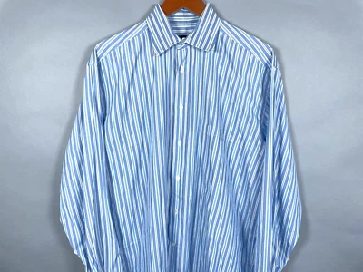 Camisa de vestir Canali manga larga para hombre 43-17 azul a rayas patrón algodón Italia Foto 1 de 4