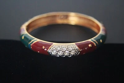 Joan Rivers Signed Hinged Blue, Green, Burgundy Enamel and Rhinestone Bracelet  - Image 1 of 4