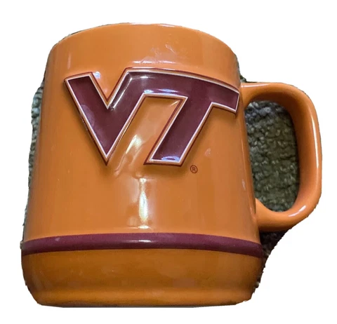 Virginia Tech Hokies VT Coffee Mug Raised Lettering & Bird Orange With Burgundy Cover