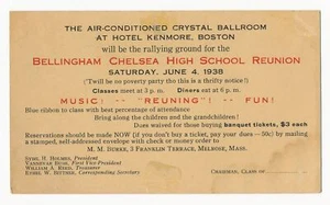 Anuncio de reunión de la escuela secundaria Bellingham Chelsea, Chelsea, Massachusetts 1938 - Imagen 1 de 2