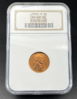 1945 S 1c Lincoln Wheat Cent Penny Coin NGC MS67 RD Gem BU Certified #035 - Image 1 of 4