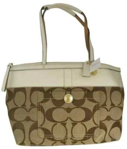 Bolso de Mano Coach Caqui/Blanco a Rayas Firmas 11691 Caqui y Lona Blanco Original $290 - Imagen 1 de 2