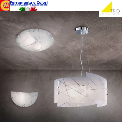 Applique Plafoniera Lampada a Sospensione Vetro Bianco Decorato Lampadario TRIO - Immagine 1 di 2