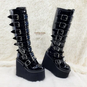 Botas a la rodilla Swing 815 negra patente gótica punk rave plataforma 5,5" DEMONIA NY - Imagen 1 de 12