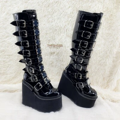 Swing 815 Black Patent Goth Punk Rave Knee Boot 5.5" Platform DEMONIA NY - Image 1 of 4