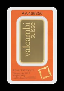 Goldbarren 100 Gramm / 999,9 Gold „Valcambi“ in Blisterkarte, zertifiziert - Bild 1 von 4