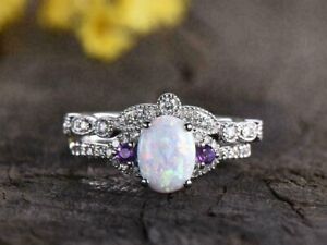 2 Ct Oval Cut Lab-Created Fire Opal Engagement Bridal Set 14K White Gold Plated