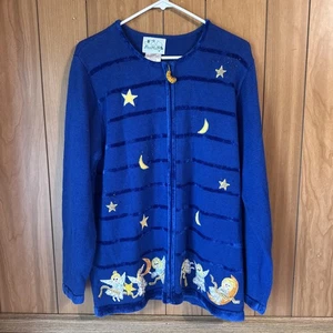 Vintage 90s The Quaker Factory Moon & Stars Knit Cardigan Large Granny Sweater - Bild 1 von 11