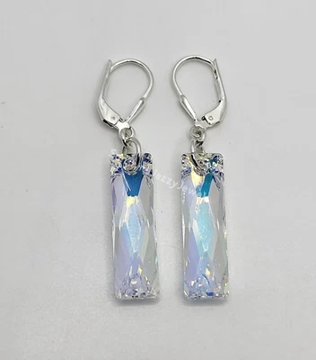 Pendientes baguette reina 6465 m/w plata esterlina Swarovski cristalina AB 25mm Foto 1 de 3