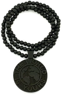The World Is Yours Necklace New Good Wood Style With 36 Inch Wood Bead Chain - Picture 1 of 10
