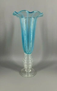 *Rare/HTF* Vintage 1940's Ice Blue Hand-Blown Spiral Vase with Ruffled Top - Picture 1 of 6