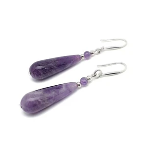 Natural Amethyst Teardrop Earrings Purple Crystal Dangle Drop Sterling Silver - Picture 1 of 67