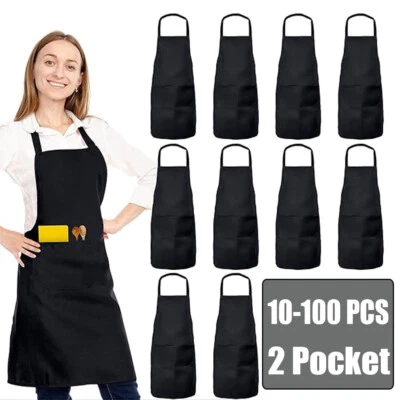 10X Delantal babero cocina restaurante cocina liso vestido unisex negro con 2 bolsillos Foto 1 de 4