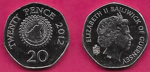 GUERNSEY 20 PENCE 2012 UNC ISLAND MAP WITHIN COGWHEEL,VALUE LETTERING AROUND EDG - Picture 1 of 1