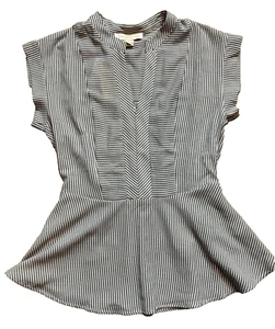 NWT Monteau Cap Sleeve Blue White Nautical Stripe Peplum Blouse Work Top Medium - Picture 1 of 5