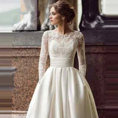 Elegant White Ivory Wedding Dresses Scoop Neck Long Sleeves A-Line Bridal Gowns - Image 1 of 4