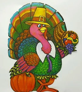 Tom Turkey Cardboard Diecut Thanksgiving Decoration Rainbow Pink 11 inch - Picture 1 of 4
