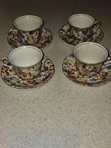 English Royal  Crown MELODY Chintz 8pc Teacups & Saucers  - Picture 1 of 13