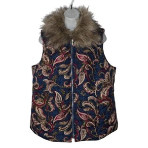 Chicos 2 Paisley Removable Faux Fur Collar Vest Zipper Closure Puffer Blue L - Picture 1 of 9