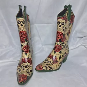 Corkys Rain Boots Cowgirl Women's Size 7 Skulls and Red Roses - Picture 1 of 12
