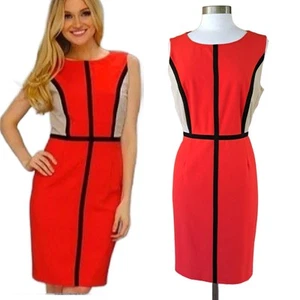 Calvin Klein Red Black Tan Colorblock Dress Size 12 Workwear Sleeveless - Picture 1 of 9