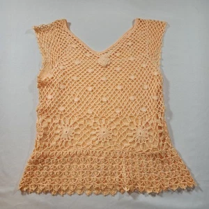 Crochet Knit Tank Sweater Top Blouse Womens Floral Peach Orange No Size Tag READ - Bild 1 von 22