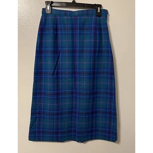 Vtg Pendleton 100% Virgin Wool Pencil Skirt Sz 8 Blue Green Purple Plaid Midi - Picture 1 of 14