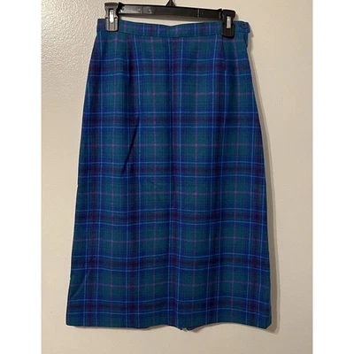 Vtg Pendleton 100% Virgin Wool Pencil Skirt Sz 8 Blue Green Purple Plaid Midi - Image 1 of 4