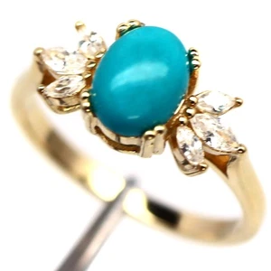 925 Silver 6 x 8 MM. Blue Turquoise & Cubic Zirconia Birthstone Ring Size 6.75 - Picture 1 of 4