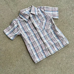 NOS Vintage 70s Sears Plaid Button Up Kids 5 Pink Blue Rockabilly - Picture 1 of 6