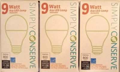Simply Conserve  (3)  LED 9W  (60W) 4000K Soft White 800 Lumens Light Bulb NEW - Image 1 of 3